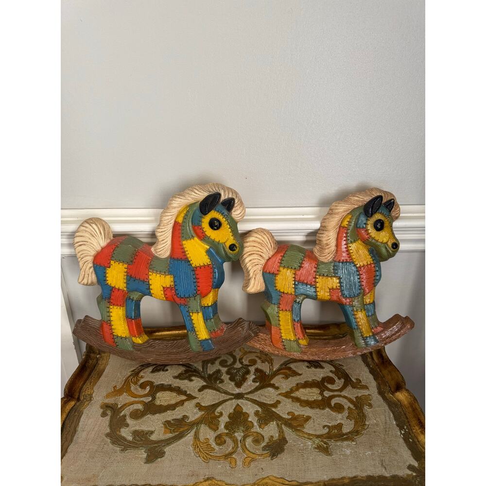 Vintage Patchwork Rocking Horse Figurines Pair Colorful Nursery Shelf Decor 11”